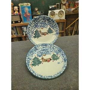 Folk Craft Tienshan Cabin in the Snow Salad Plates 7-5/8" Set of 2 Christmas